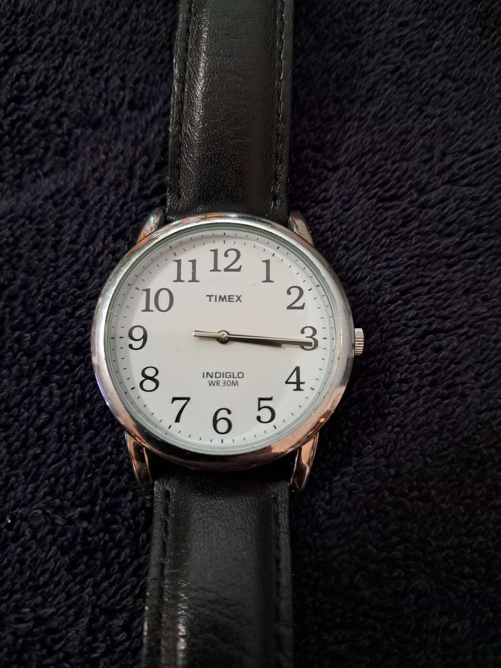 Timex Indiglo Classic Round Watch — White Dial, Black Leather Strap
